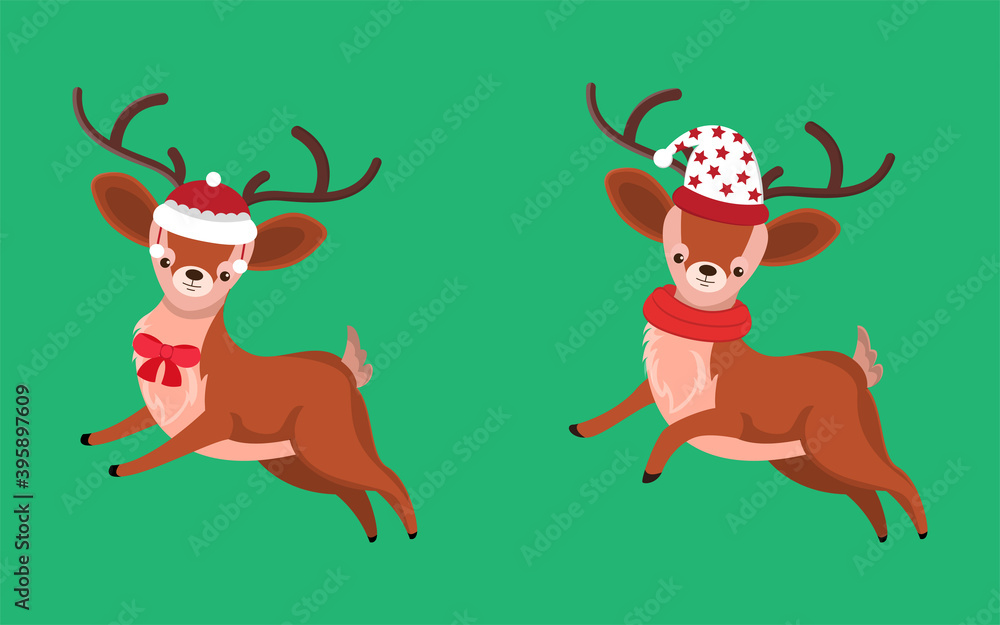 
Set Christmas Deer Icon Vector Flat Background