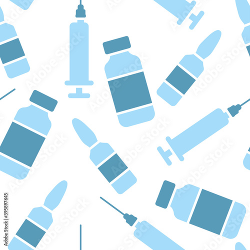 Seamless medical pattern. Print for clothes. Patterns for packaging. Syringes, vaccine ampoules