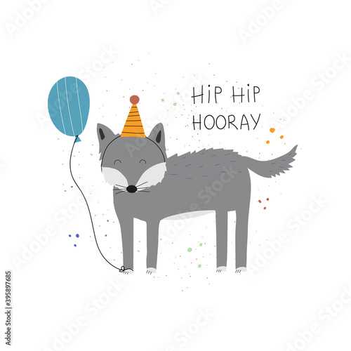 Hand drawn colorful kids birthday greeting card template. Cute wolf with balloon and text Hip Hop Horray. Flat illustration photo