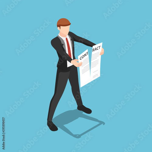 Isometric Businessman Tearing Apart Contract Document