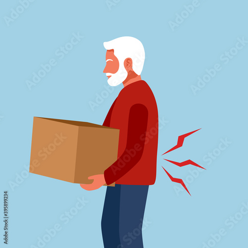 Low back pain concept vector illustration on white background. Senior old man holding heavy box and suffering from backache. Bone or muscle problem.