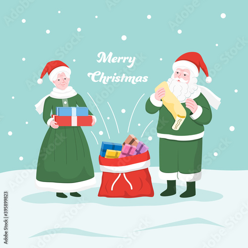 Mr. and Mrs. Santa Clause putting the gifts into Santa's sack. 