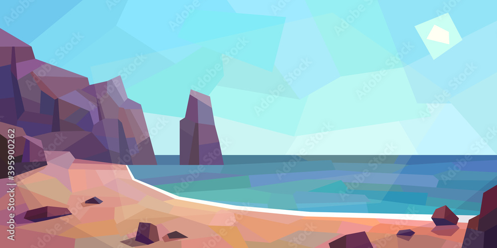 Low poly ocean view. Peaks, sand beach, sun, rocks. Vector illustration