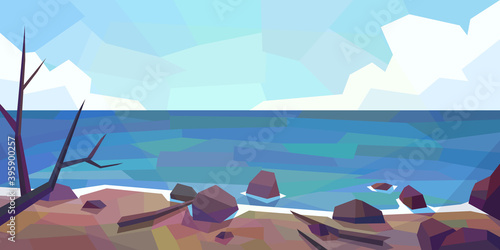 Low poly ocean view. Cumulus clouds, rocks, dirty beach, drift-woods. Vector illustration