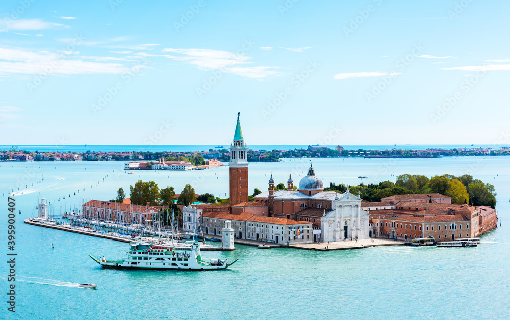 Venice, Italy. San Giorgio Maggiore Church aerial view from the bell tower.