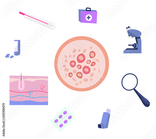 Skin Disease.Inspect Eczema.Diagnostics Dermatology and Cosmetology.Skin Treatment.Allergy Symptoms or Chicken Pox Varicella with Itching.Skin Treatment.Flat Vector Illustration