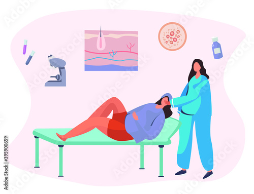 Skin Disease and Pimples. Character Visit Cosmetologist for Acne Treatment. Diagnostic Cosmetology. Skin Treatment. Doctor with Medical Equipment Looking at Character's Skin. Flat Vector Illustration