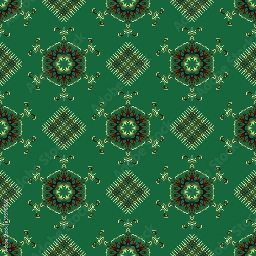 Decorative seamless pattern with beautiful flowers texture designs on green backgrounds for home textile, wallpapers, fabrics, gift wrapping, templates, scrapbook. Vector.