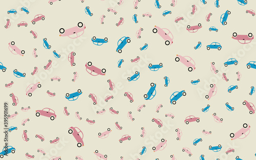 Texture, seamless pattern of small children's beautiful beautiful fast cars, hatchbacks with wheels. Background, wallpaper. illustration
