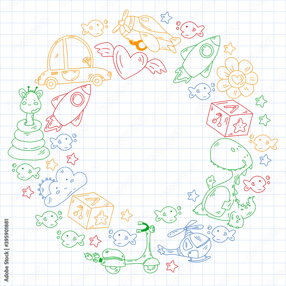 Kindergarten, toys vector pattern. Little children creativity and imagination. Online education, educational games.