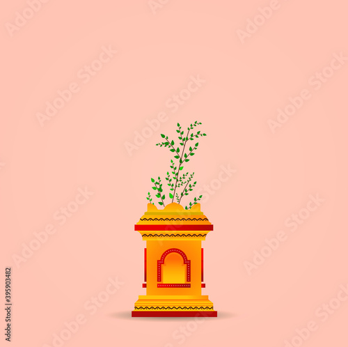 Vector illustration of Holy Basil commonly known as Tulsi and its base.
