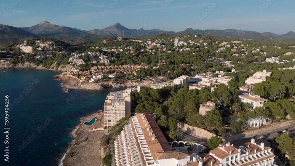 Aerial view Santa Ponsa coastal town in Majorca. View from top calm Mediterranean Sea seaside townscape during warm summer day. Balearic Islands, Mallorca. Spain Aerial view Santa Ponsa coastal town in Majorca. View from top calm Mediterranean Sea seaside townscape during warm summer day. Balearic Islands, Mallorca. Spain