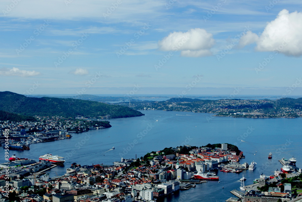 Scenic views of Bergen Harbor from Mount Fløyen