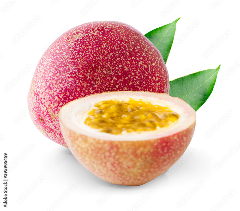 Passion fruit isolated. Whole passionfruit and a half of maracuya an isolated on white background Passion fruit isolated. Whole passionfruit and a half of maracuya an isolated on white background
