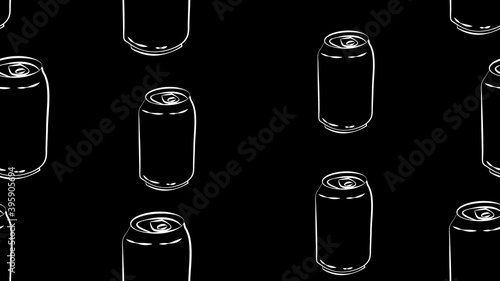 tin bottles on black background, vector illustration, pattern. bottle for drinks and lemonades. container for soda red. seamless pattern in the style of black and white chalk drawing