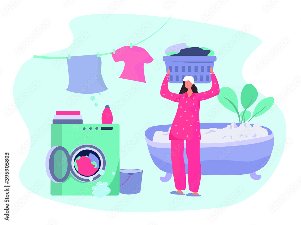 Housewife Washing Clothes in Washing Machine.Home Household and Wash