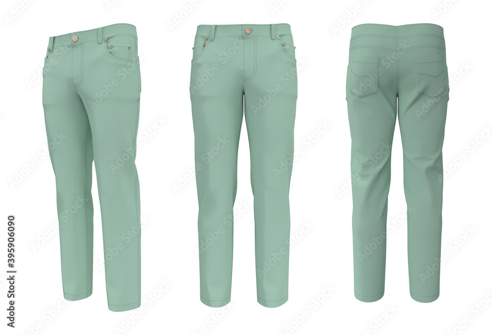 Men's jeans in front, side and back views. 3d rendering, 3d illustration Men's jeans in front, side and back views. 3d rendering, 3d illustration