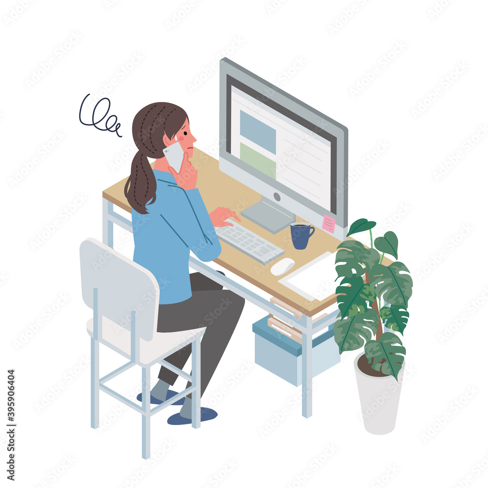 リモートワーク 電話する女性 困る表情 イラスト Stock Vector Adobe Stock