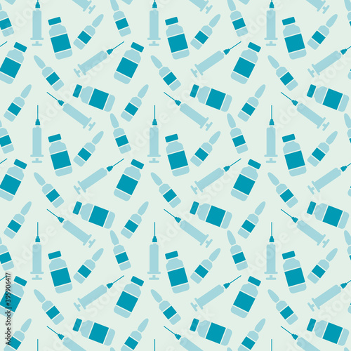 Seamless medical pattern. Print for clothes. Patterns for packaging. Syringes, vaccine ampoules