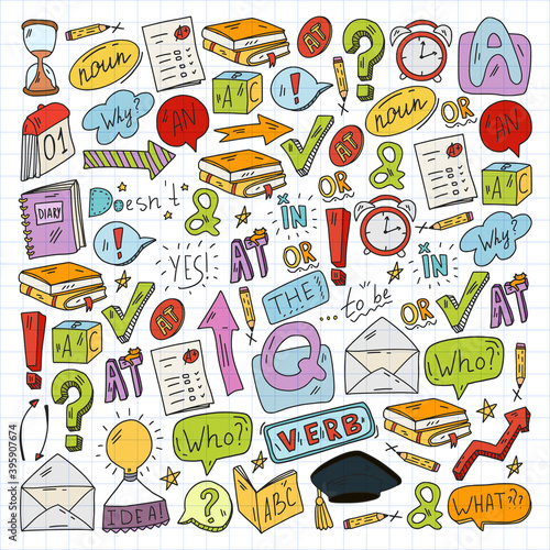 Doodle vector pattern. Illustration of learning English language. E-learning  online education in internet.