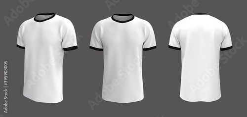 men's short-sleeve t-shirt mockup in front, side and back views, design presentation for print, 3d illustration, 3d rendering photo