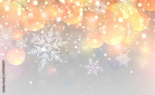 Christmas background with snowflakes, blurry colorful bokeh and lights, vector illustration