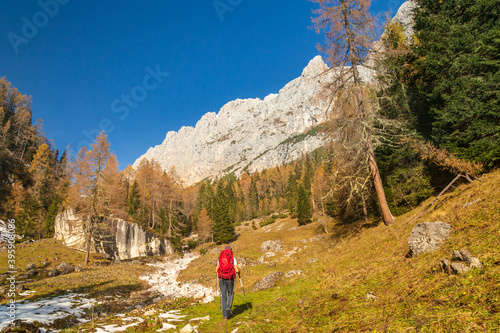 Trekking day in a snowy autumn in the Dolomiti Friulane, Friuli-Venezia Giulia photo