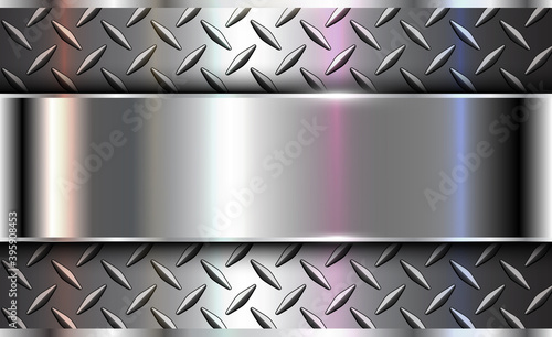 Background silver metallic, 3d chrome vector design with diamond plate sheet metal texture.