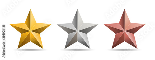 Gold silver bronze 3D metal stars isolated on white background. Vector Illustration