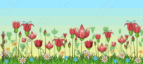 Blooming meadow with grass and flowers. Sky. Scenery. Cartoon just style. Romantic fabulous illustration. Beautiful natural view. Wild plant nature. Rural scene. Vector