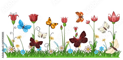 Blooming meadow with grass and flowers. Scenery. Cartoon style. Romantic fabulous illustration. Isolated on white background. Beautiful natural view. Wild plant nature. Rural scene. Vector