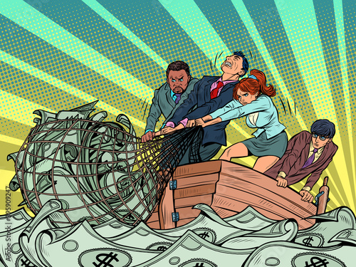 The business team makes a financial profit, like fishermen catching money in a net