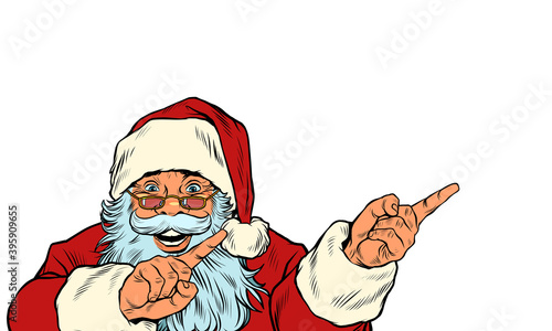 Santa Claus shows the side. Christmas ad or announcement