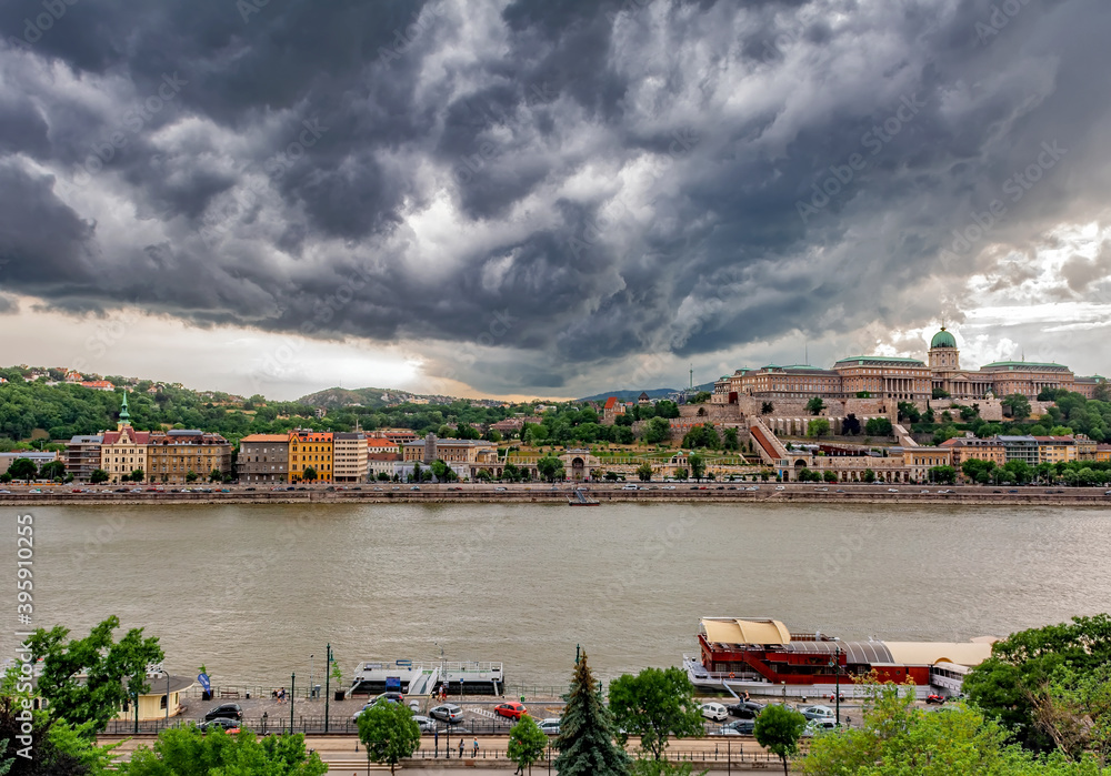 View of Royal Castle with the Royal Gardens and the Castle Garden Bazaar at dusk,before storm,in Budapest,Hungary.