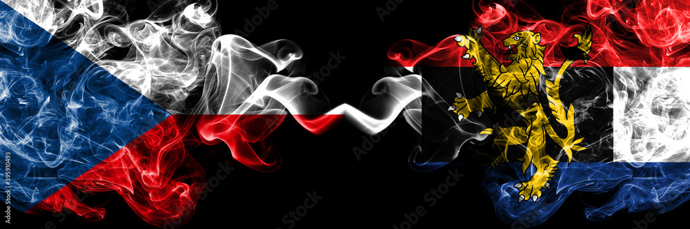 Czech Republic, Czech vs Benelux smoky mystic flags placed side by side. Thick colored silky abstract smoke flags. Czech Republic, Czech vs Benelux smoky mystic flags placed side by side. Thick colored silky abstract smoke flags.