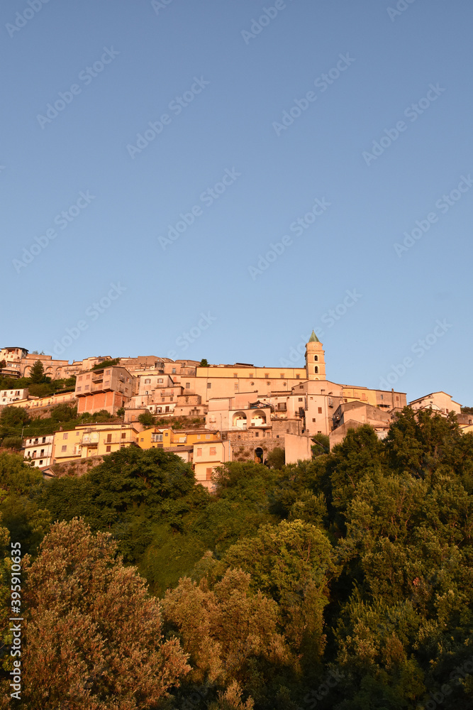 Panoramic view of Viggianello, a village in the mountains of the Basilicata region, Italy.