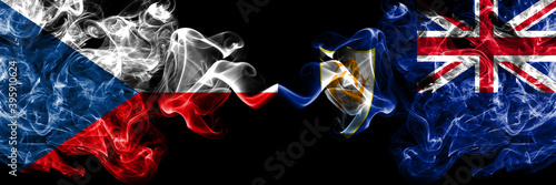 Czech Republic, Czech vs British, Britain, Anguilla smoky mystic flags placed side by side. Thick colored silky abstract smoke flags.