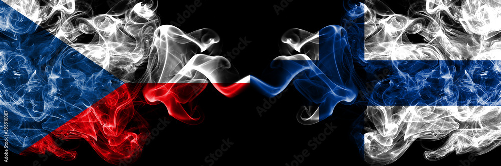 Fototapeta premium Czech Republic, Czech vs Finland, Finnish smoky mystic flags placed side by side. Thick colored silky abstract smoke flags.