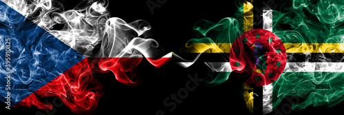 Czech Republic, Czech vs Dominica, Dominican smoky mystic flags placed side by side. Thick colored silky abstract smoke flags.