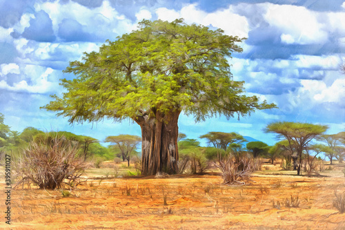 Lonely tree savanna landscape colorful painting looks like picture, Tanzania, East Africa.