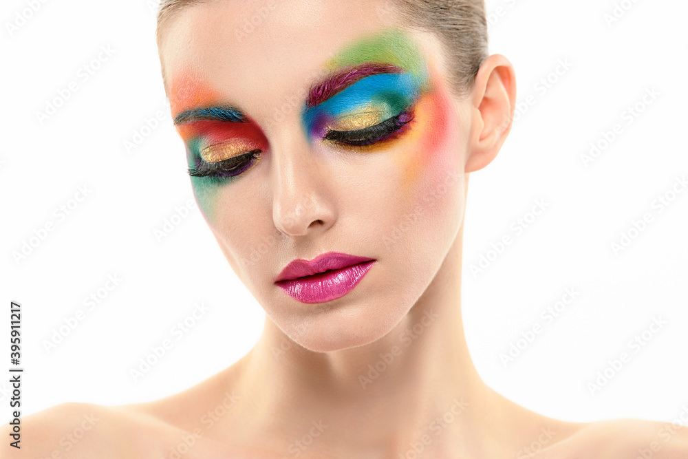 Beauty Fashion woman with Colorful Bright Makeup, sleek Hairstyle. Girl with blue eyes, stylish hair and make up. Beautiful model portrait, fashionable color trend make up. Beauty Fashion woman with Colorful Bright Makeup, sleek Hairstyle. Girl with blue eyes, stylish hair and make up. Beautiful model portrait, fashionable color trend make up.