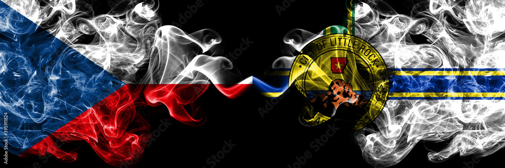 Fototapeta premium Czech Republic, Czech vs United States of America, America, US, USA, American, Little Rock smoky mystic flags placed side by side. Thick colored silky abstract smoke flags.