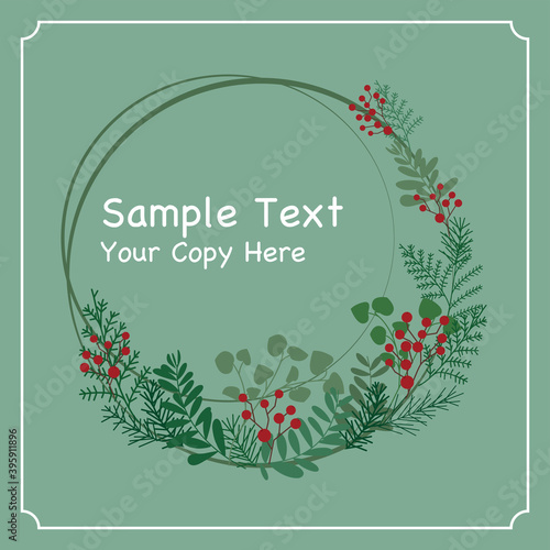 Christmas wreath layout with winter green and berries.
Round frame vector illustration. クリスマス飾りイラスト、年末年始リースイラスト、植物リースイラスト