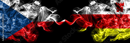 Czech Republic, Czech vs United States of America, America, US, USA, American, Santa Barbara, California smoky mystic flags placed side by side. Thick colored silky abstract smoke flags.