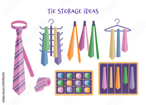 The ties storage ideas. Vector isolated illustration in flat style.