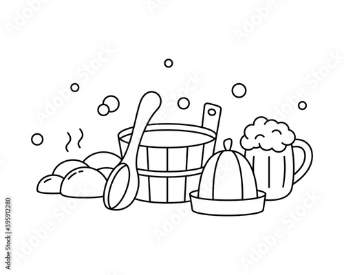 Sauna, Russian banya, bathhouse, linear label. Bath tools. Black horizontal illustration of wooden tub, ladle, hat, hot stones, beer mug, soap bubbles. Contour isolated vector emblem, white background
