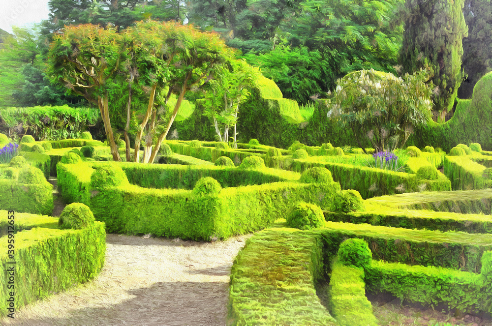 Naklejka premium Beautiful old park colorful painting looks like picture, Mateus Palace, Portugal.