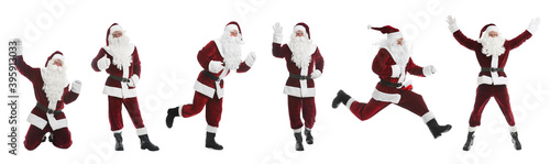 Collage with photos of Santa Claus on white background. Banner design