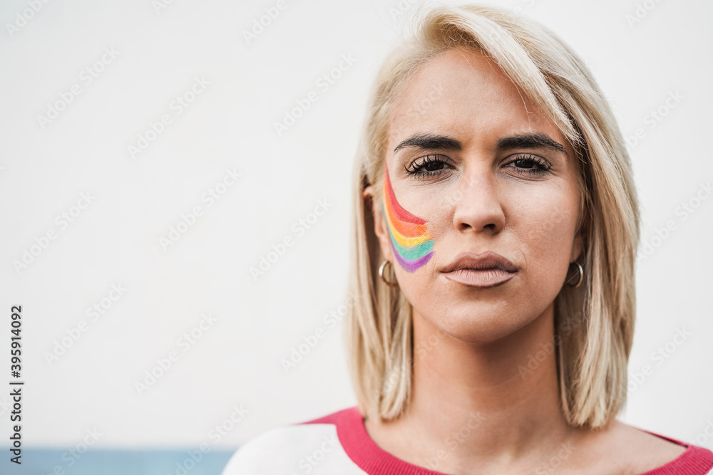 Young woman during gay pride protest - Lgbt and female power concept - obrazy, fototapety, plakaty 
