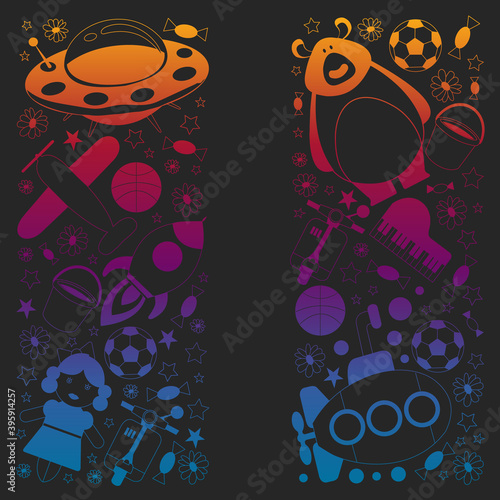 Vector pattern with toys for kids. Car  ufo  alien  airplane  teddy bear.